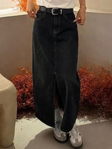DAZY 女款秋季做舊水洗褪色長開衩口袋牛仔裙 - 藍色 - 查看 1