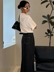 DAZY 女款秋季做舊水洗褪色長開衩口袋牛仔裙 - 藍色 - 查看 2