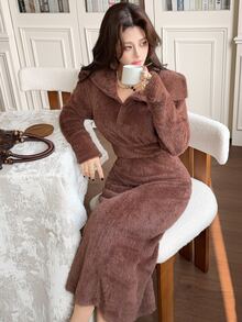 Feyla Fuzzy Slouchy Long Sleeve Dress For Vacation And Travel - Brown - View 5