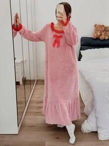 Napfluff Cute Lotus Leaf Round Neck Plush Long Dress Loungewear For Women - Pink - View 7