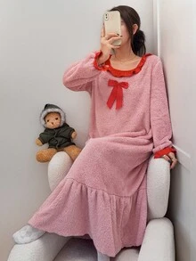 Napfluff Cute Lotus Leaf Round Neck Plush Long Dress Loungewear For Women - Pink - View 6
