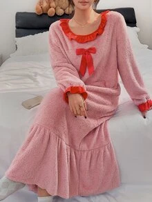 Napfluff Cute Lotus Leaf Round Neck Plush Long Dress Loungewear For Women - Pink - View 3