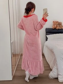 Napfluff Cute Lotus Leaf Round Neck Plush Long Dress Loungewear For Women - Pink - View 2