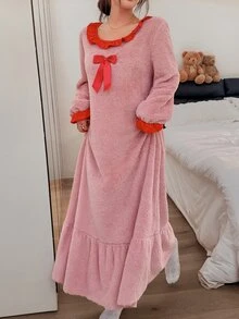 Napfluff Cute Lotus Leaf Round Neck Plush Long Dress Loungewear For Women - Pink - View 5
