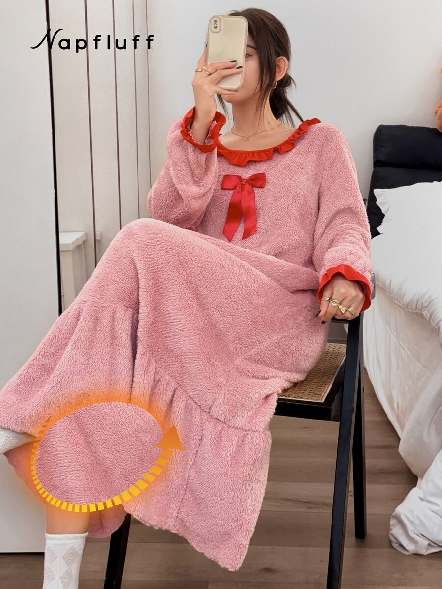 Napfluff Cute Lotus Leaf Round Neck Plush Long Dress Loungewear For Women - Pink - View 1