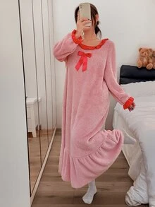 Napfluff Cute Lotus Leaf Round Neck Plush Long Dress Loungewear For Women - Pink - View 4