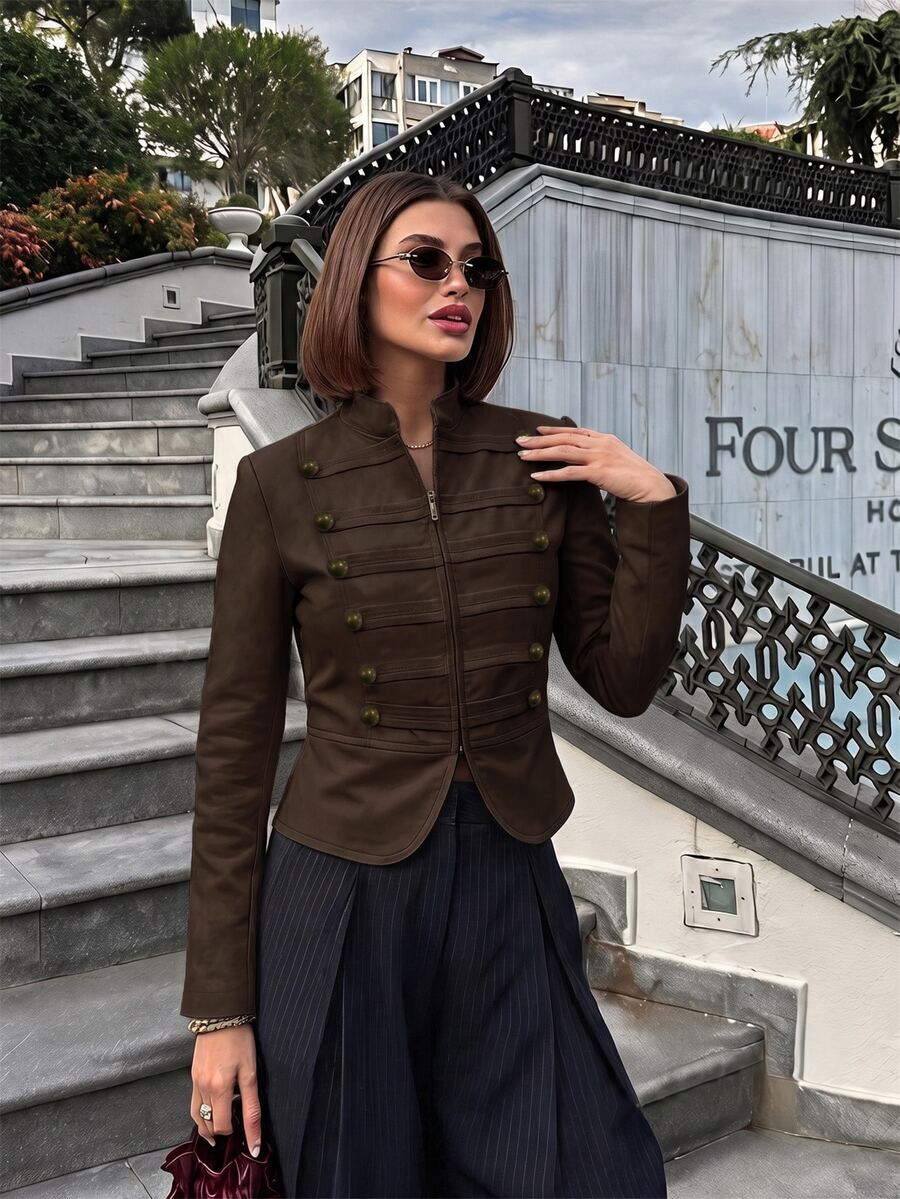 Lavishia 女款優雅雙排扣深棕色前拉鍊拿破崙外套,秋季穿搭,鄉村音樂會服裝,哥德風,秋季辦公穿搭 - 巧克力棕 - 查看 1