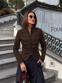 Lavishia 女款優雅雙排扣深棕色前拉鍊拿破崙外套，秋季穿搭，鄉村音樂會服裝，哥德風，秋季辦公穿搭 - 巧克力棕 - 查看 6