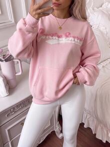 CovetEZ Women's Round Neck Long Sleeve Letter Decor Casual Sweet Sweatshirt - Pink - View 7
