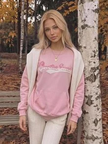 CovetEZ Women's Round Neck Long Sleeve Letter Decor Casual Sweet Sweatshirt - Pink - View 2