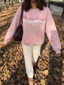 CovetEZ Women's Round Neck Long Sleeve Letter Decor Casual Sweet Sweatshirt - Pink - View 3