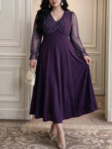 Vibekara Purple Colorblock Patchwork Evening Gown, V-Neck Sequin Puff Long Sleeve High Waist A-Line Maxi Party Wedding Dress, Fall New Year Elegant - Purple - View 4