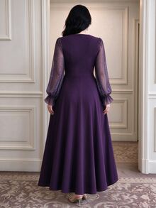 Vibekara Purple Colorblock Patchwork Evening Gown, V-Neck Sequin Puff Long Sleeve High Waist A-Line Maxi Party Wedding Dress, Fall New Year Elegant - Purple - View 2