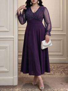 Vibekara Purple Colorblock Patchwork Evening Gown, V-Neck Sequin Puff Long Sleeve High Waist A-Line Maxi Party Wedding Dress, Fall New Year Elegant - Purple - View 3