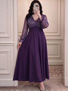 Vibekara Purple Colorblock Patchwork Evening Gown, V-Neck Sequin Puff Long Sleeve High Waist A-Line Maxi Party Wedding Dress, Fall New Year Elegant - Purple - View 8
