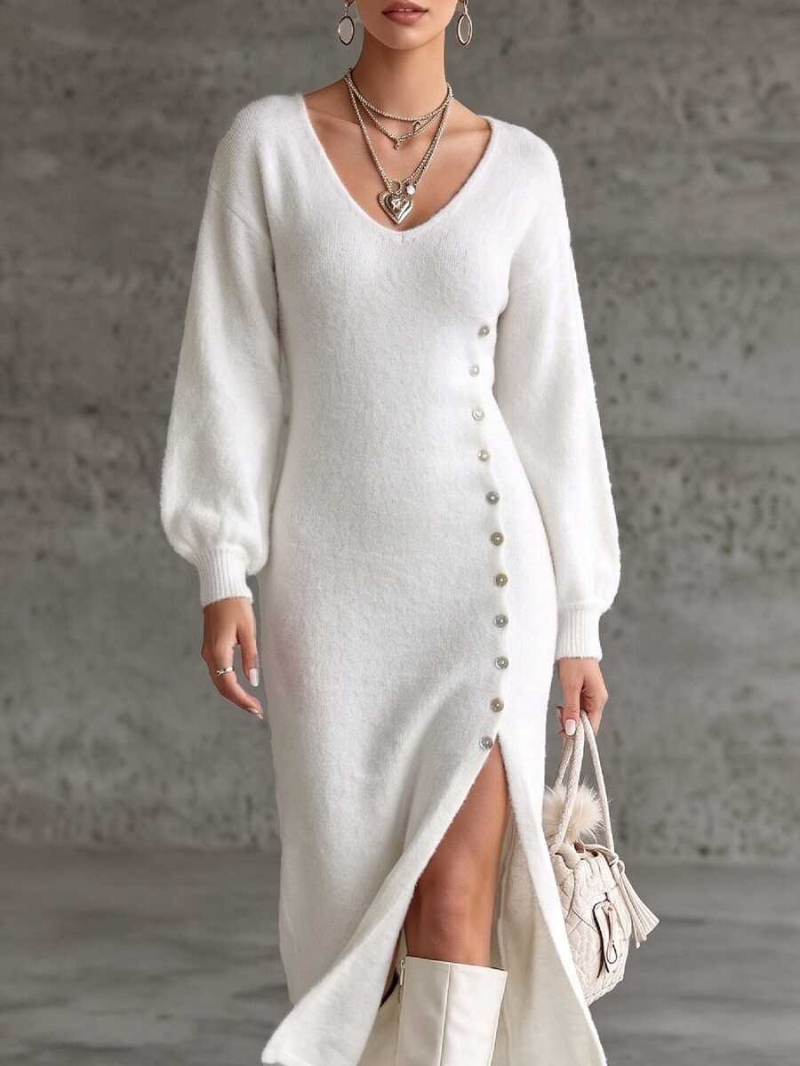 SHEIN Solid Lantern Sleeve Button Detail Split Thigh Sweater Dress
