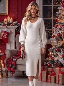 SHEIN Solid Lantern Sleeve Button Detail Split Thigh Sweater Dress - White - View 7