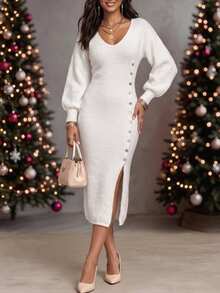SHEIN Solid Lantern Sleeve Button Detail Split Thigh Sweater Dress - White - View 6
