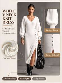 SHEIN Solid Lantern Sleeve Button Detail Split Thigh Sweater Dress - White - View 4