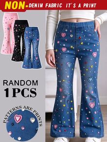 SHEIN 4-7 Years Old Girls Denim Effect Flare Pants, Heart & Diamond Print Design, Sweet & Cute Style, Spring/Autumn - Black - View 1
