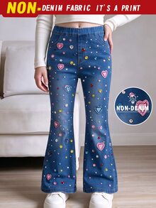 SHEIN 4-7 Years Old Girls Denim Effect Flare Pants, Heart & Diamond Print Design, Sweet & Cute Style, Spring/Autumn - Black - View 3