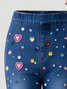 SHEIN 4-7 Years Old Girls Denim Effect Flare Pants, Heart & Diamond Print Design, Sweet & Cute Style, Spring/Autumn - Black - View 5
