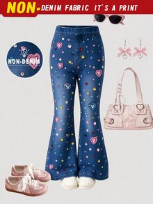 SHEIN 4-7 Years Old Girls Denim Effect Flare Pants, Heart & Diamond Print Design, Sweet & Cute Style, Spring/Autumn - Black - View 4