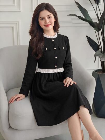SHEIN 2pcs/Set Teens Casual Corduroy Long Sleeve Frill Collar Button Decor Jacket Top,A-Line Skirt Outfit,Black And White,Autumn,Graduation,Back-To-School