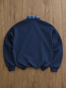 TOKVUE 男士格紋極簡小刺繡圖案設計休閒時尚百搭長袖半拉鍊寬鬆衛衣 - 藏蓝色 - 查看 2