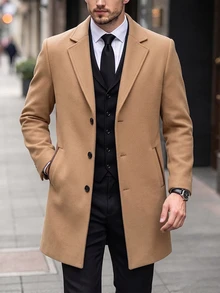 Manfinity Homme Men's Solid Color Pocket Button Front Long Sleeve Overcoat, Autumn Fall, Winter Ceremony Office Work Camel Casual - Khaki - View 6