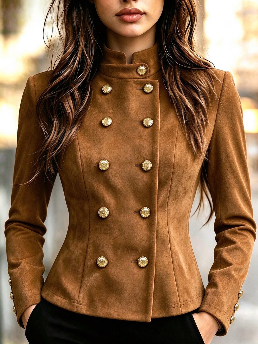 SHEIN Abrigo largo de mujer con doble botonadura de metal y manga larga - Marrón - Ver 1