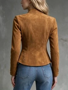 SHEIN Abrigo largo de mujer con doble botonadura de metal y manga larga - Marrón - Ver 2