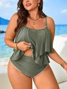 SHEIN Swim Curve 2 件大码女式绿色细肩带双层荷叶边短款上衣和高腰荷叶边短裤海滩度假套装，夏季 - 綠色 - 查看 3