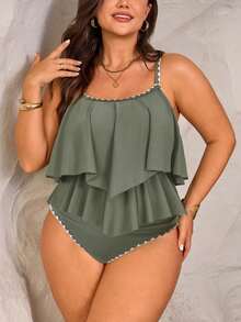 SHEIN Swim Curve 2 件大码女式绿色细肩带双层荷叶边短款上衣和高腰荷叶边短裤海滩度假套装，夏季 - 綠色 - 查看 4
