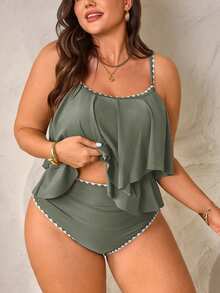 SHEIN Swim Curve 2 件大码女式绿色细肩带双层荷叶边短款上衣和高腰荷叶边短裤海滩度假套装，夏季 - 綠色 - 查看 1