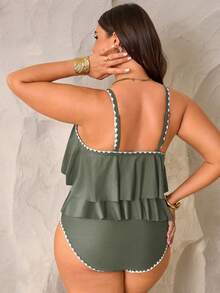 SHEIN Swim Curve 2 件大码女式绿色细肩带双层荷叶边短款上衣和高腰荷叶边短裤海滩度假套装，夏季 - 綠色 - 查看 2