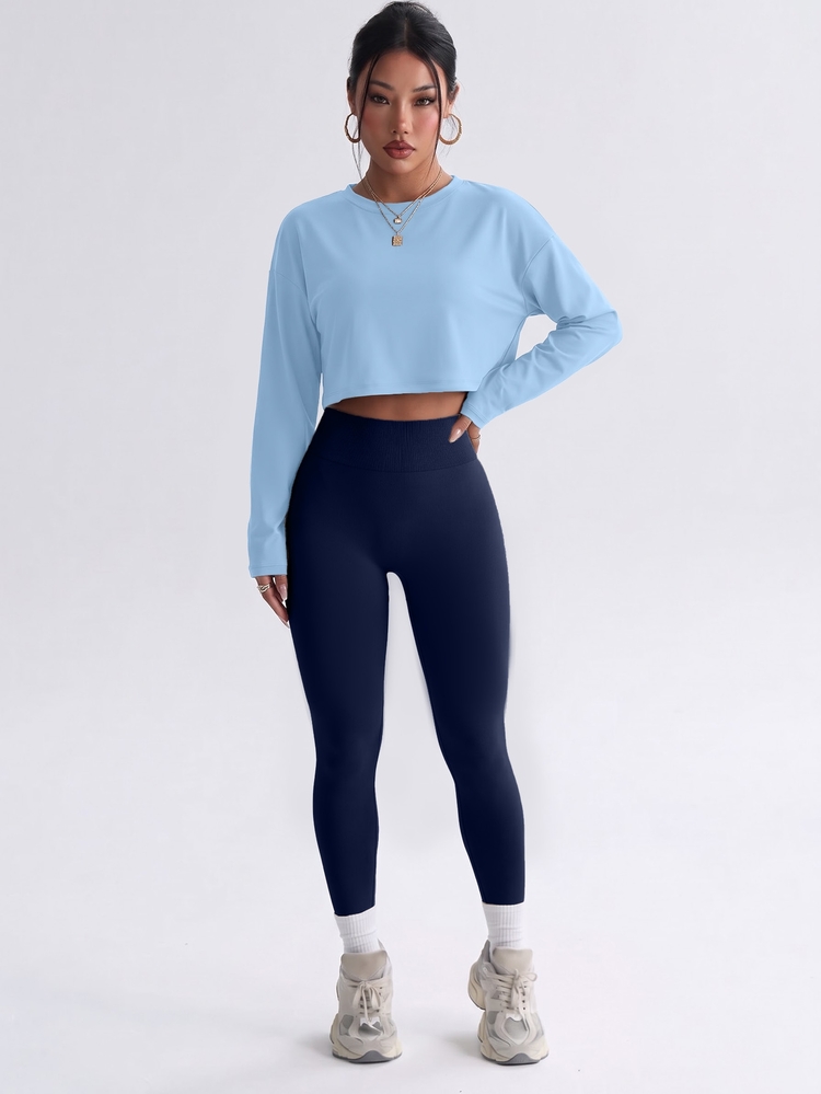 Dewbera Dewbera 3pcs Women Navy Blue Workout Set, Seamless Bra, Leggings & Long Sleeve Top, Summer Athleisure Gym Set, Athletic Activewear For Curve Weight Loss - Navy Blue - View 2