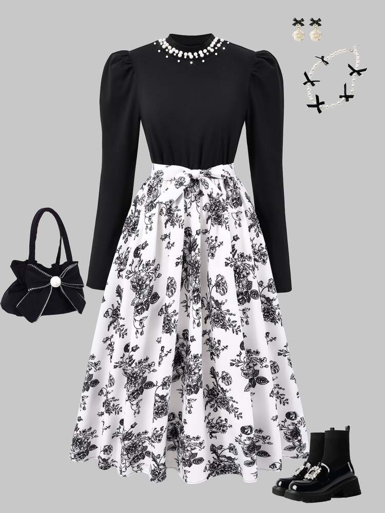 SHEIN Teen Girls Elegant Cute Junior Tight Bubble Long Sleeve Cinched Waist Floral Patchwork Dress, Black White, Fall, Outings Formal Prom, Commuting Party - Black and White - View 10
