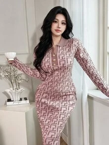 Feyla Women's Geometric Pattern Collar Button Design Sweater And Long Knit Midi Skirt 2 Pieces Set For Autumn/Winter Office Dusty Pink Elegant - Pink - View 1
