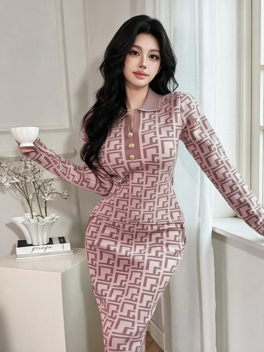 Feyla Women's Geometric Pattern Collar Button Design Sweater And Long Knit Midi Skirt 2 Pieces Set For Autumn/Winter Office Dusty Pink Elegant - Pink - View 1