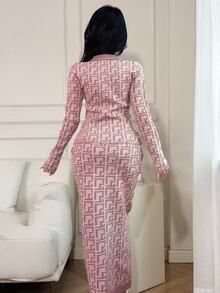 Feyla Women's Geometric Pattern Collar Button Design Sweater And Long Knit Midi Skirt 2 Pieces Set For Autumn/Winter Office Dusty Pink Elegant - Pink - View 3