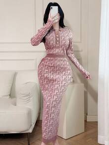 Feyla Women's Geometric Pattern Collar Button Design Sweater And Long Knit Midi Skirt 2 Pieces Set For Autumn/Winter Office Dusty Pink Elegant - Pink - View 4