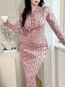 Feyla Women's Geometric Pattern Collar Button Design Sweater And Long Knit Midi Skirt 2 Pieces Set For Autumn/Winter Office Dusty Pink Elegant - Pink - View 5