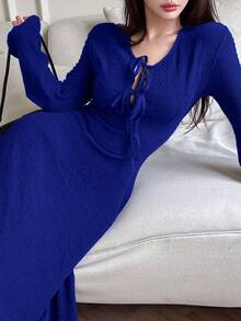 Feyla 女士优雅纯色喇叭袖长裙 - 寶藍色 - 查看 7