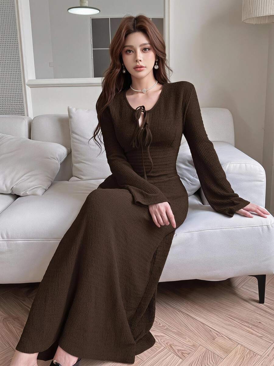 Feyla 女士纯色前系带长袖休闲长裙 - 咖啡 - 查看 1