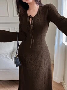 Feyla 女士纯色前系带长袖休闲长裙 - 咖啡 - 查看 5