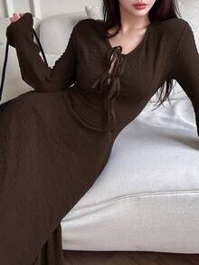 Feyla 女士纯色前系带长袖休闲长裙 - 咖啡 - 查看 7