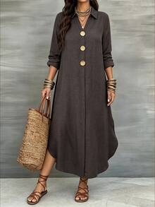Weeklong Women's Plus Size Spring/Autumn Pullover Exquisite Metal Buckle Decor Loose A-Line Dress Fall/Winter - Coffee Brown - View 5