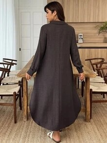 Weeklong Women's Plus Size Spring/Autumn Pullover Exquisite Metal Buckle Decor Loose A-Line Dress Fall/Winter - Coffee Brown - View 2