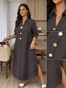 Weeklong Women's Plus Size Spring/Autumn Pullover Exquisite Metal Buckle Decor Loose A-Line Dress Fall/Winter - Coffee Brown - View 1